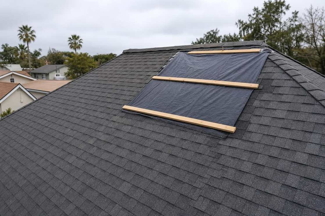 A roofer stabilizing a damaged section of roof, featured on the Pasadena emergency roof repair page.
