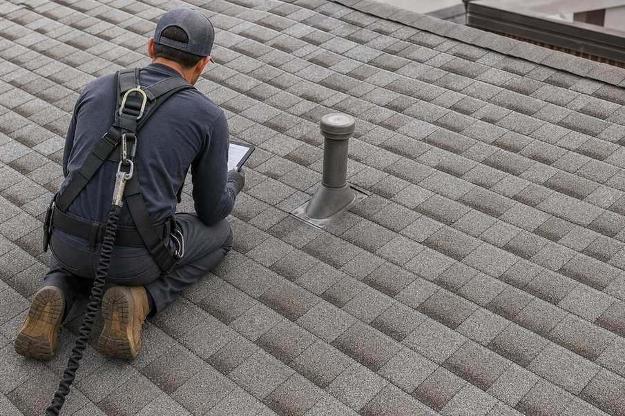 A roofer examining the surface and details of a roof, shown near the beginning of the second half of the Alhambra roofing page.