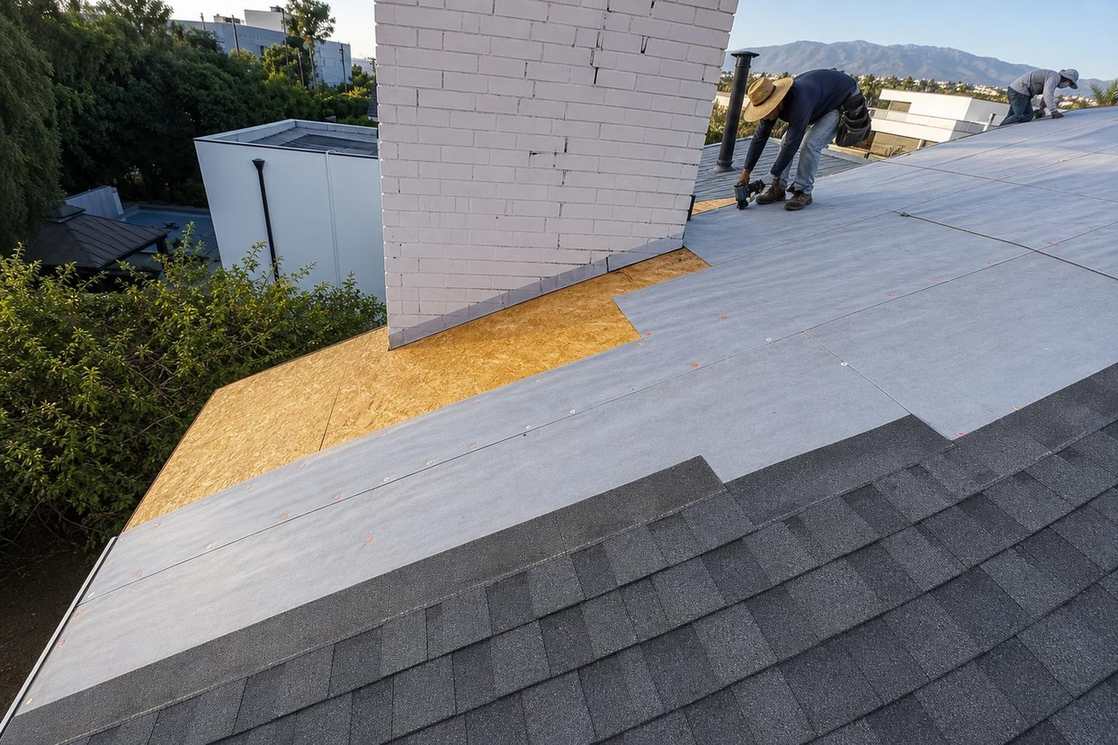 Roofing installation underway across a sloped roof, shown near the beginning of the second half of the Pasadena roof replacement page.
