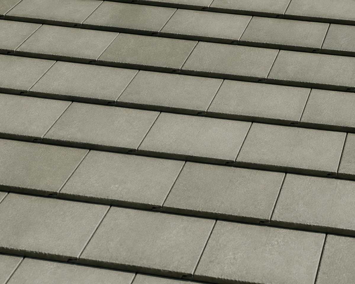 Sage-gray flat tiles across a finished roof field, featured on the South Pasadena roofing page.