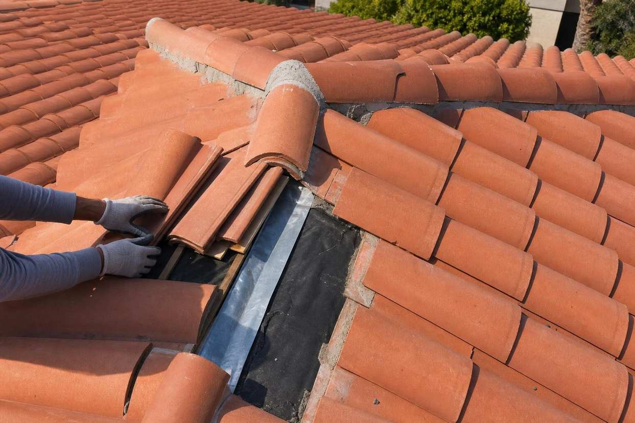 Tile roof repair work across an existing roof plane, featured on the Pasadena roof repair page.