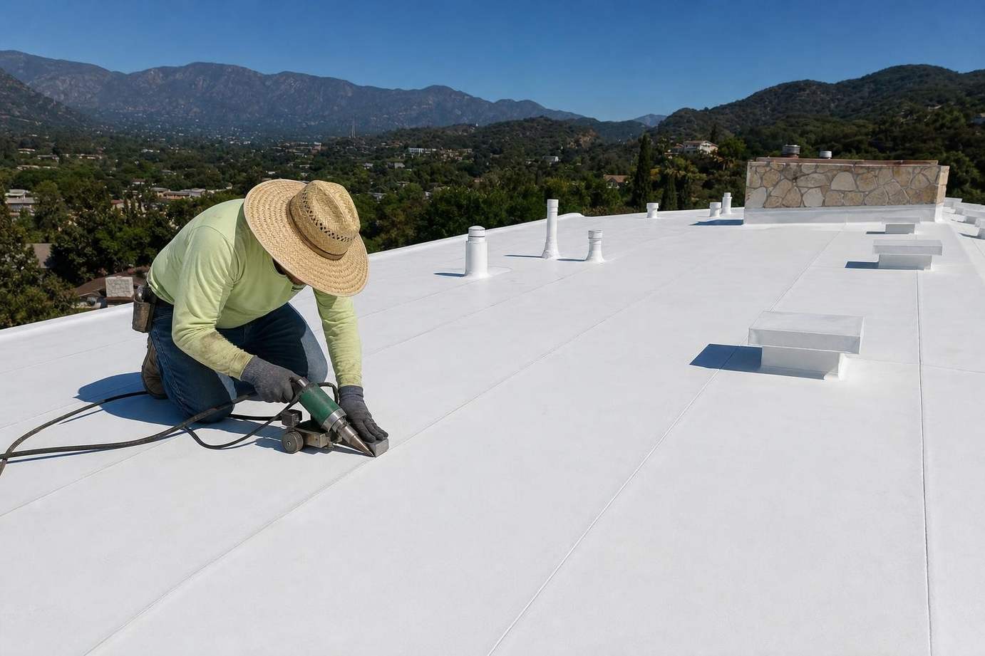 Roofing work across a light-colored low-slope membrane, shown near the beginning of the second half of the Pasadena commercial flat roofing page.